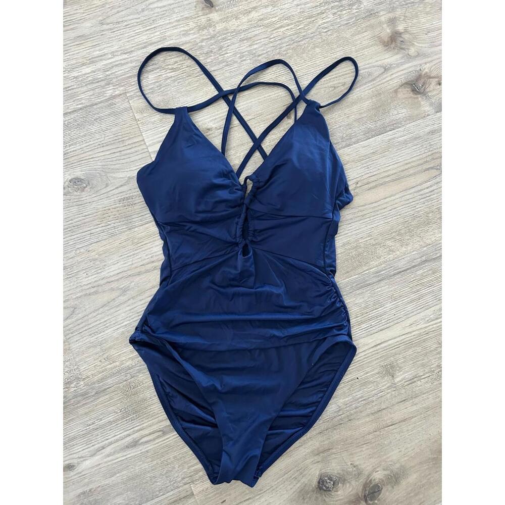 La Blanca Island Goddess Navy Blue Lace-up One-Piece Swimsuit Size 6